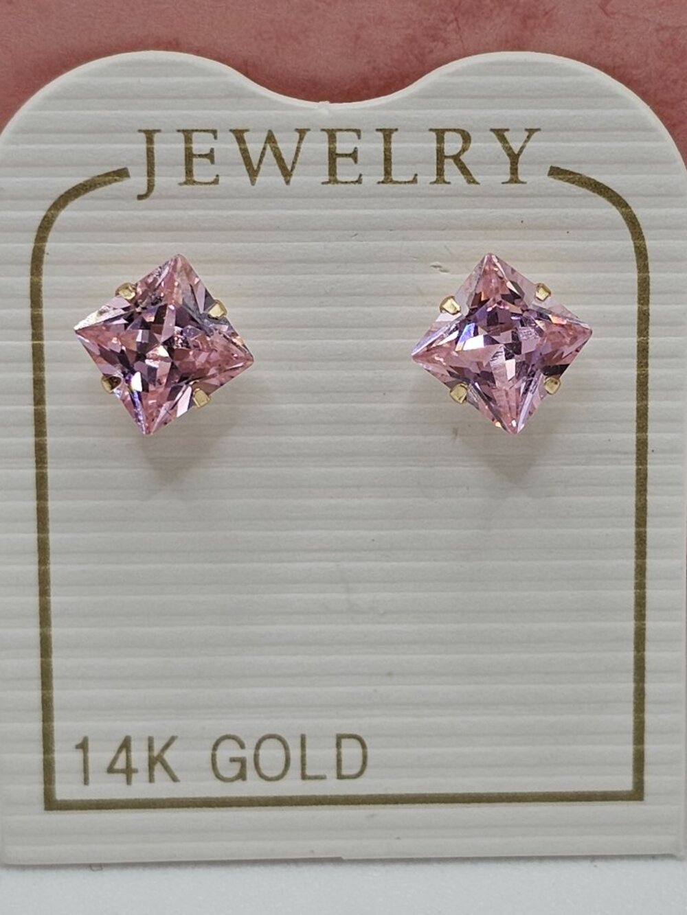 14KT Gold Light Pink Square CZ 5mm Screw Back Earrings